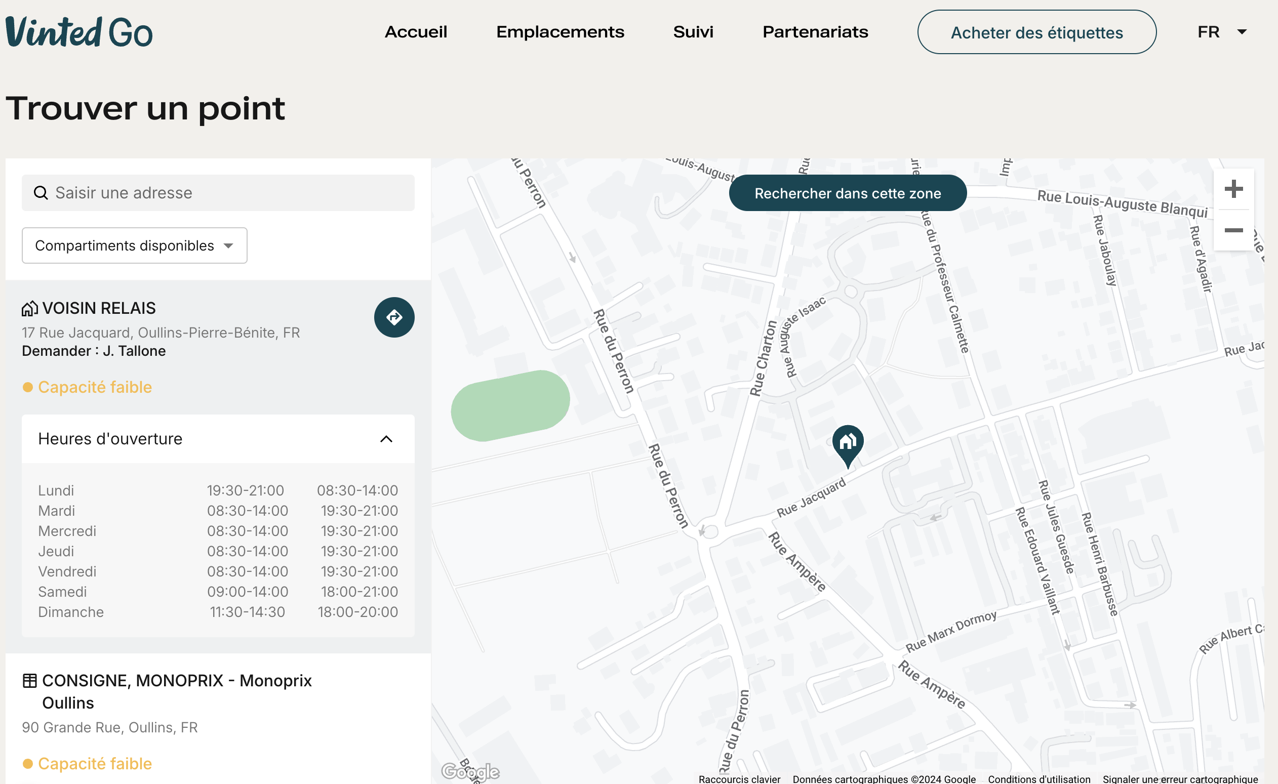 Carte des points relais particuliers Vinted Go