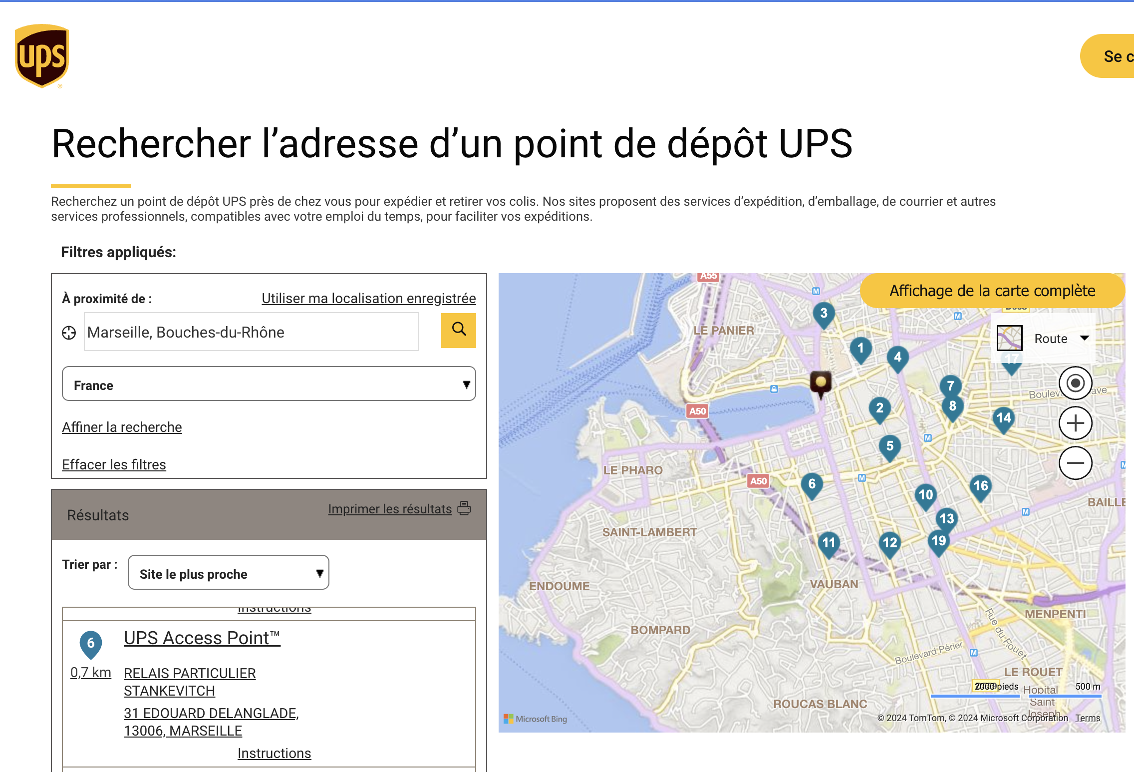 Carte des points relais particuliers UPS